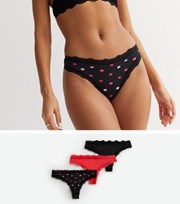 New Look 3 Pack Black Red and Lips Print Lace Trim Thongs